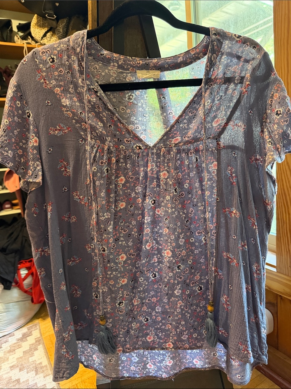 Boho Floral V-Neck Women’s Top in Dusty Blue